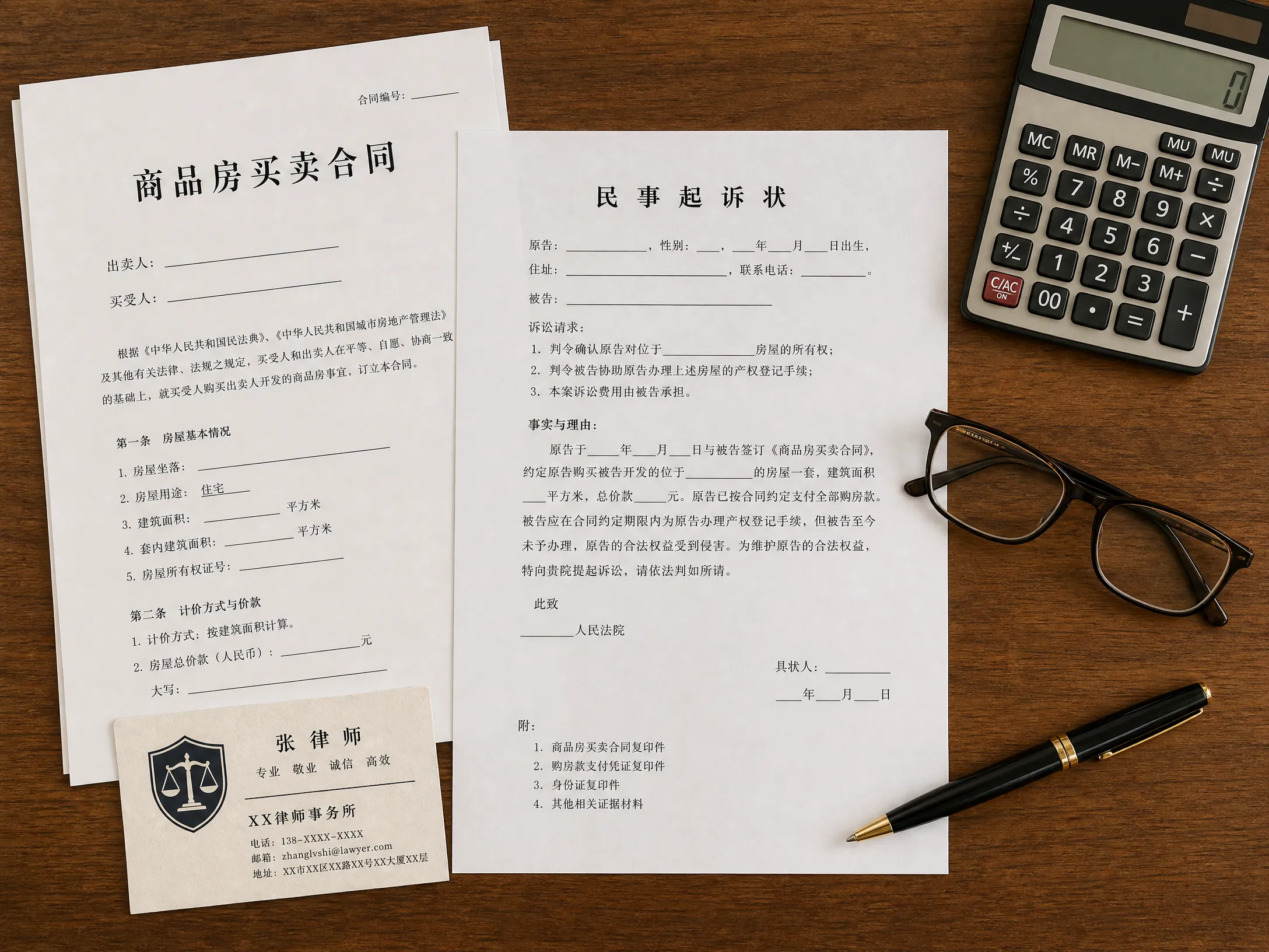 购房合同与法律文书平铺在桌面上，旁边是计算器和律师名片