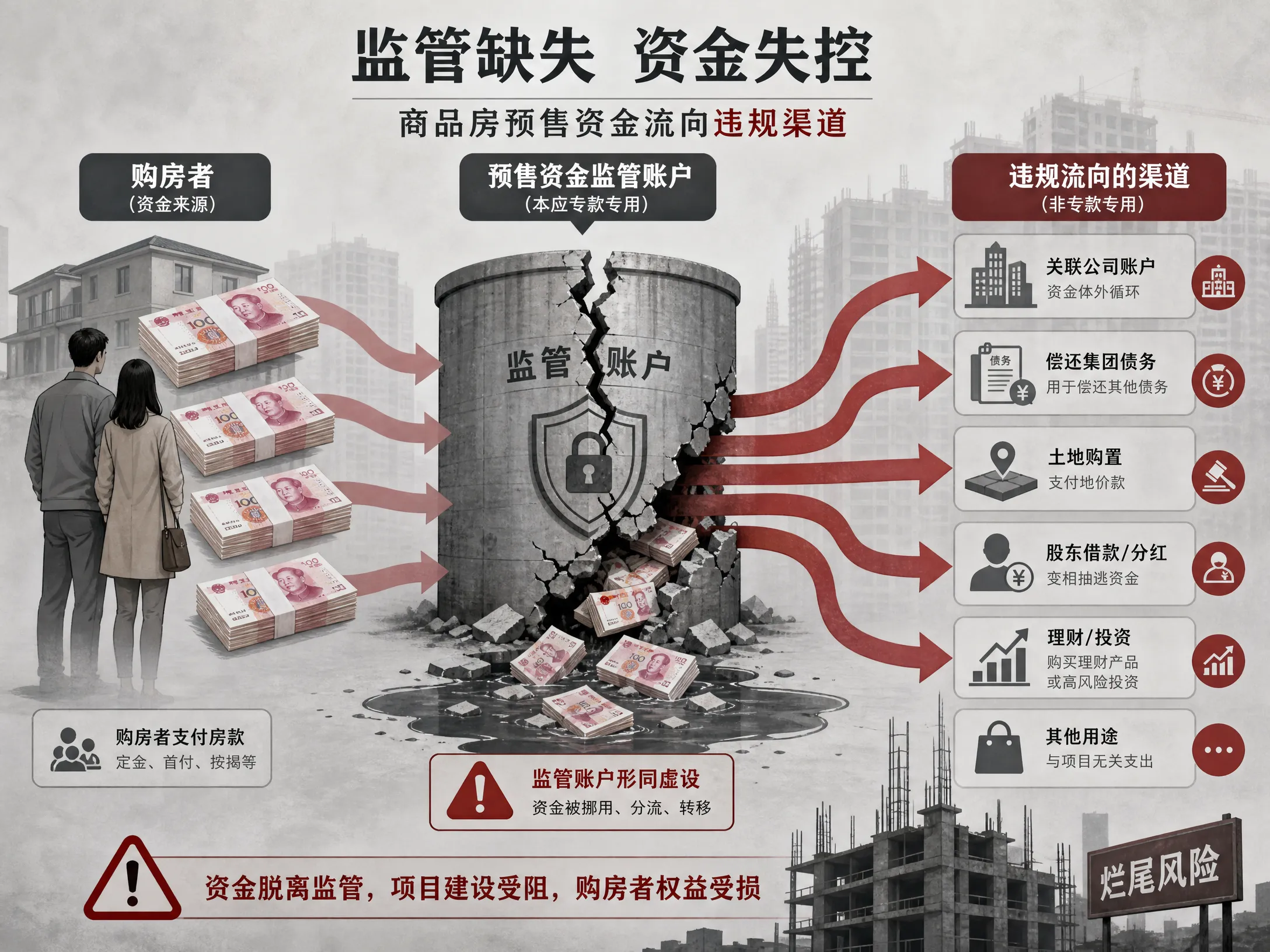 预售资金监管漏洞示意图，展示资金从购房者流向违规渠道的路径